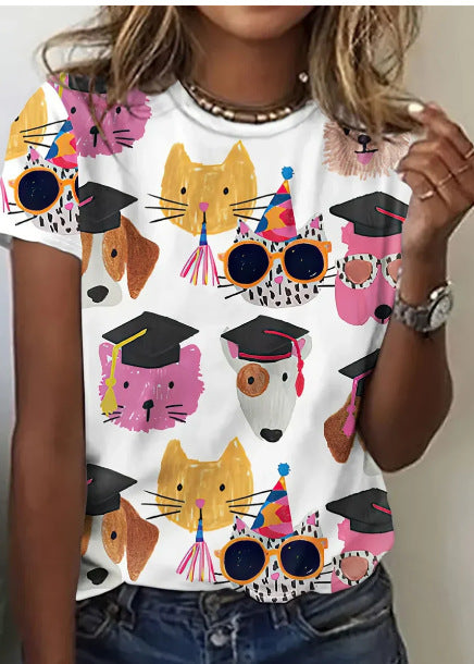 Animal Pattern Short Sleeve Round Neck T-shirt