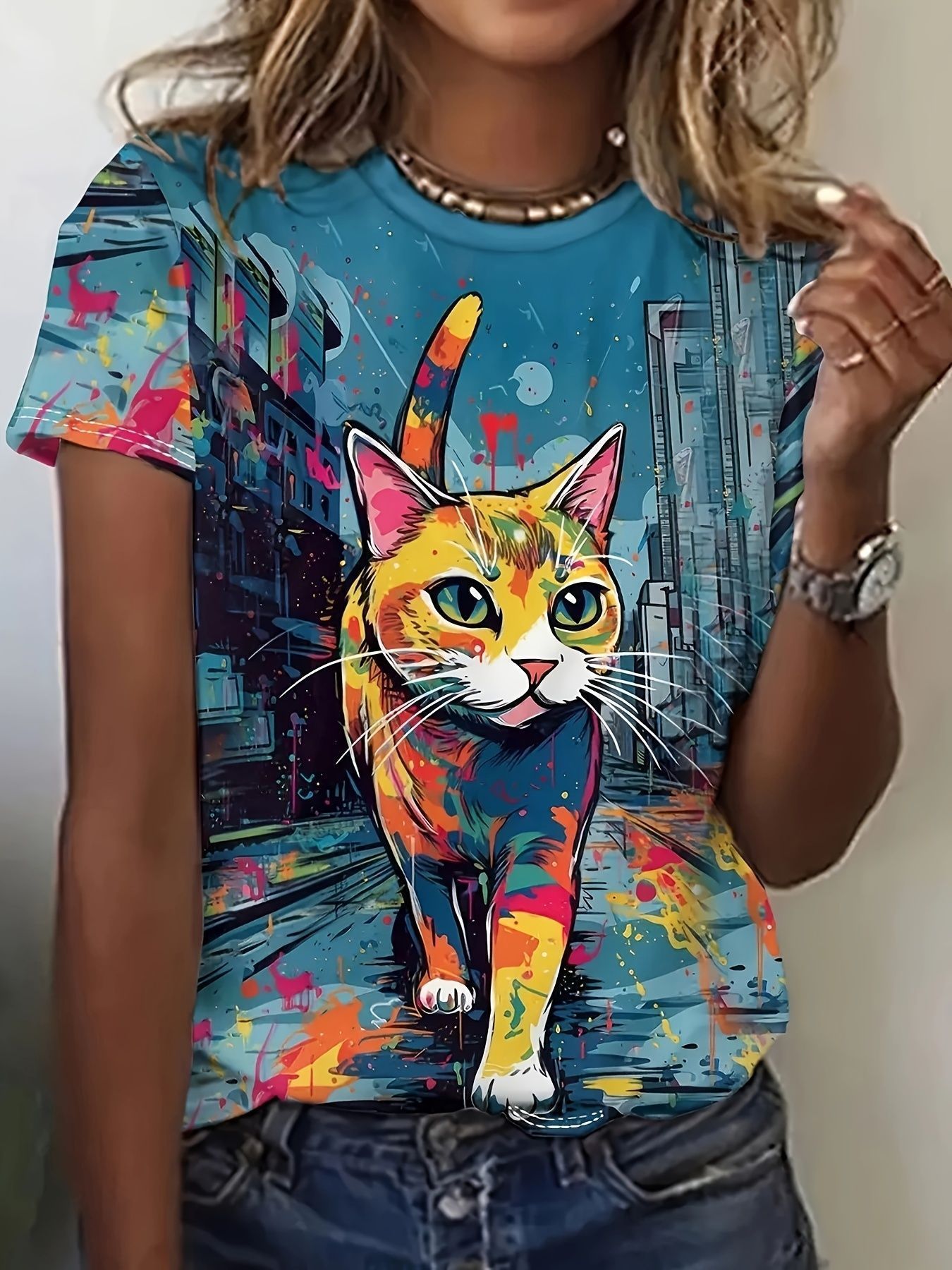 Animal Pattern Short Sleeve Round Neck T-shirt