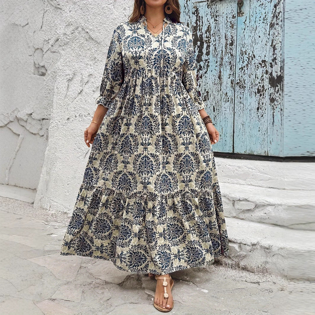 Printed V-neck Lace-up Swing Vacation Style Dress