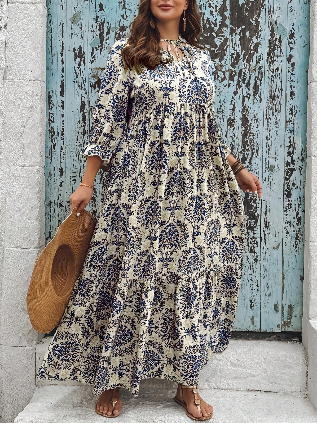 Printed V-neck Lace-up Swing Vacation Style Dress